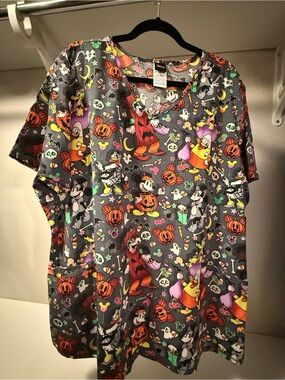 Disney Halloween Mickey & Friends Scrub Top - Gray with Orange, Purple, Green